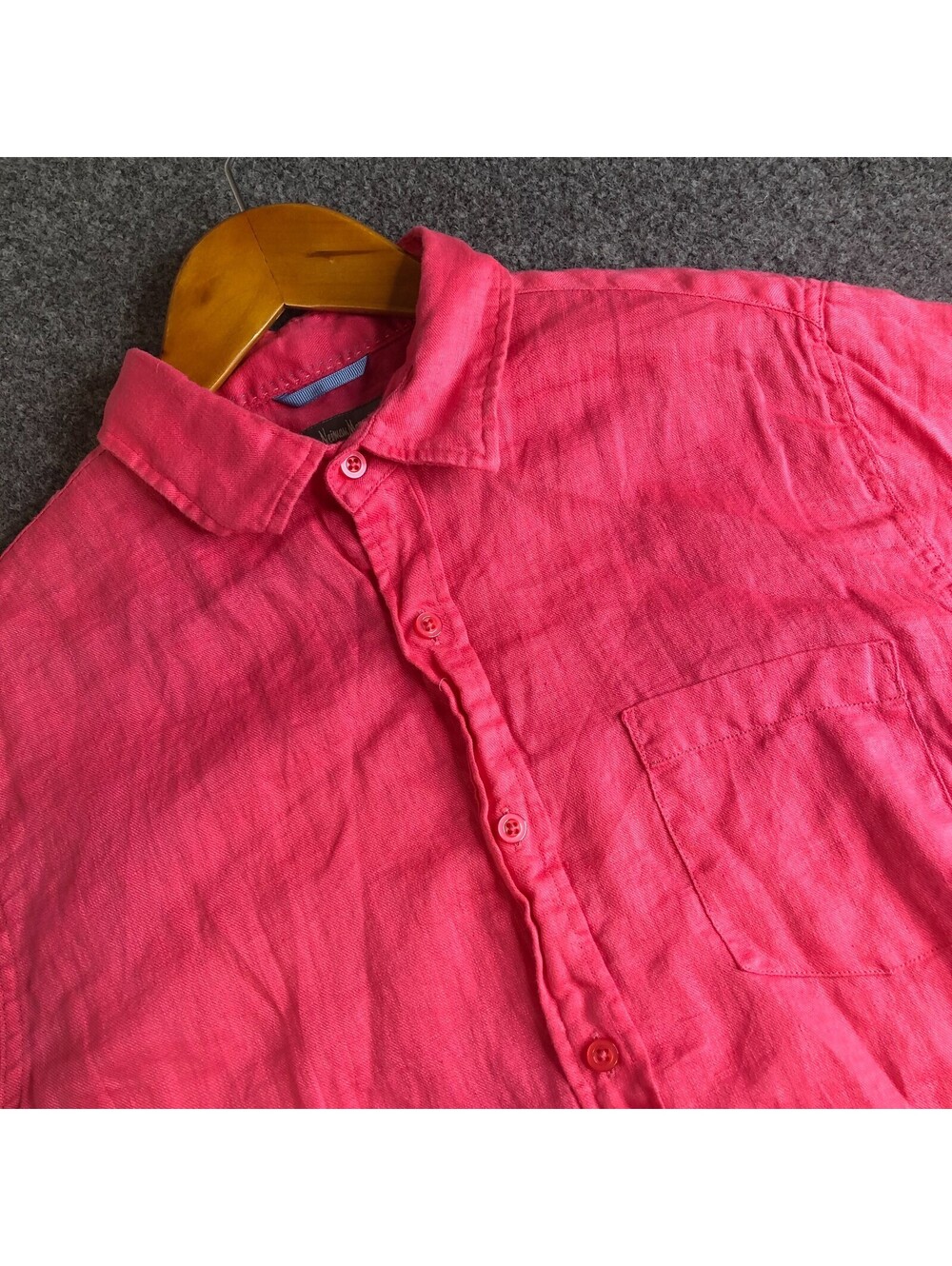 Neiman Marcus Shirt Mens Medium Pink 100% Linen Short Sleeve Button Up Casual